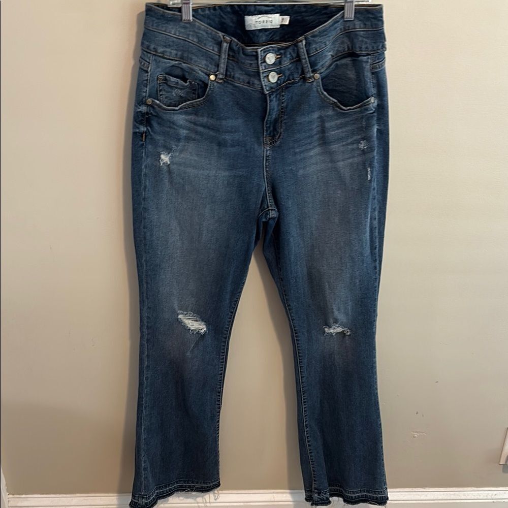 Torrid Distressed Flare Jeans 16 High Rise Mid Wash Stretch Denim Ripped Blue